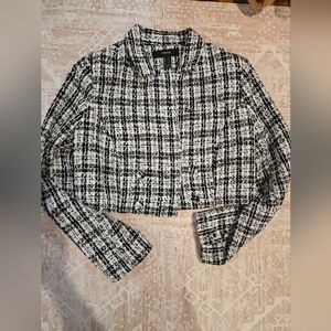 Forever 21 Black and White Plaid Tweed Crop Blazer Size Large Professioal Attire